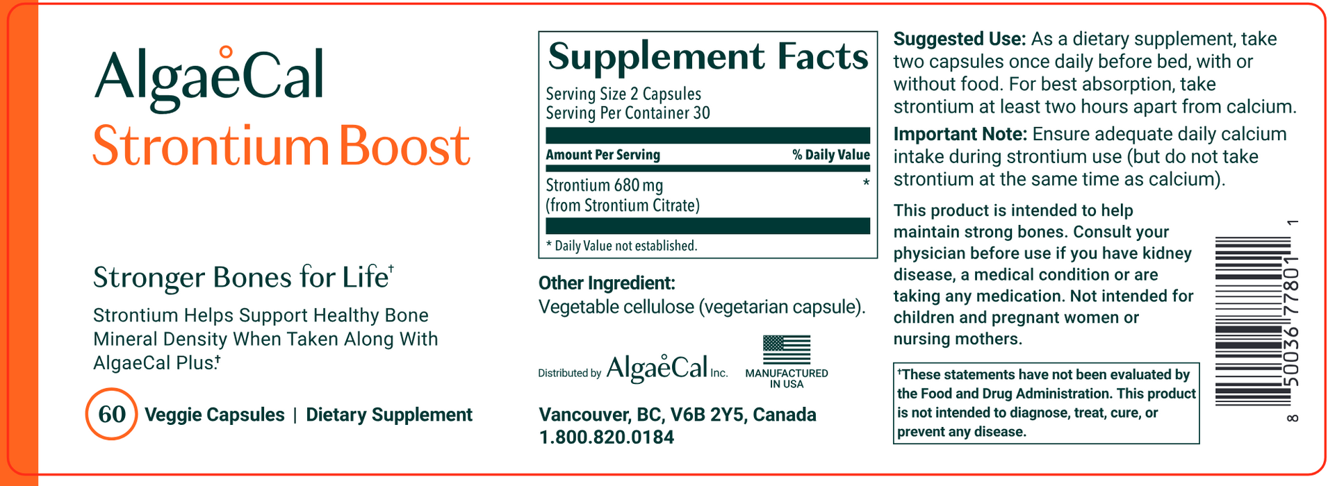 Strontium Boost (60 Capsules)-Vitamins & Supplements-AlgaeCal-Pine Street Clinic