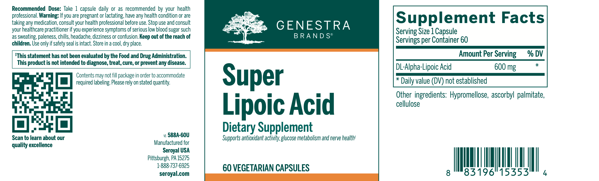 Super Lipoic Acid (60 Capsules)-Vitamins & Supplements-Genestra-Pine Street Clinic