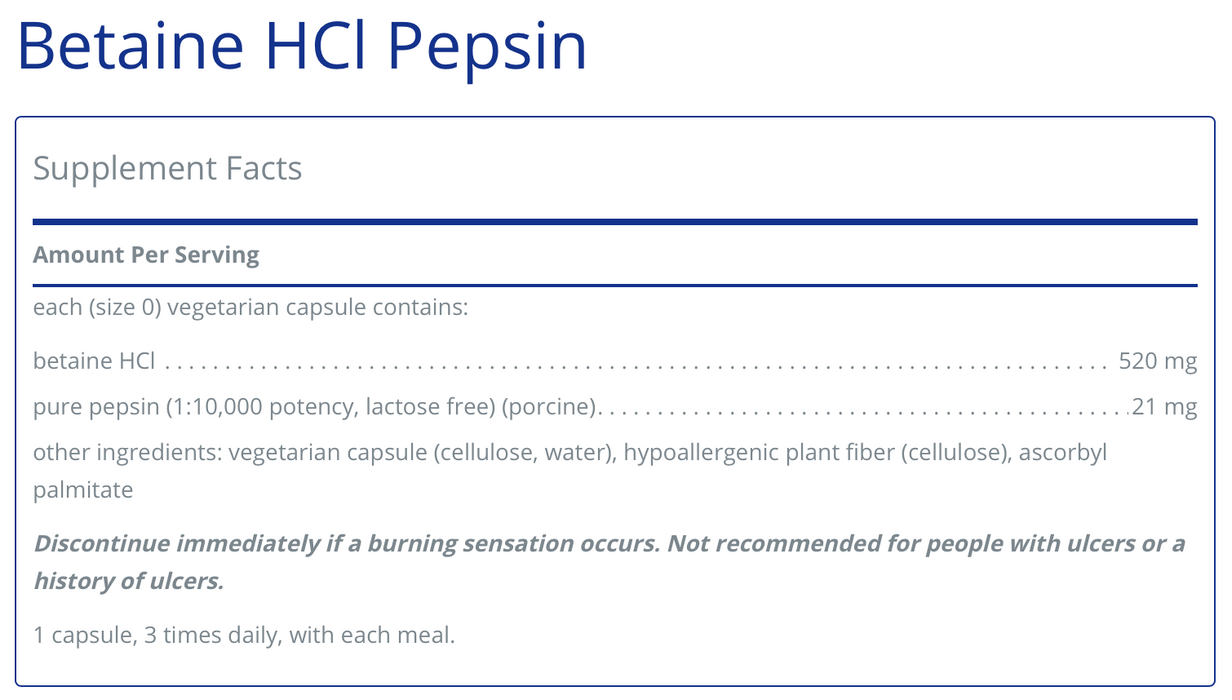 Betaine HCl Pepsin (250 Capsules)-Vitamins & Supplements-Pure Encapsulations-Pine Street Clinic