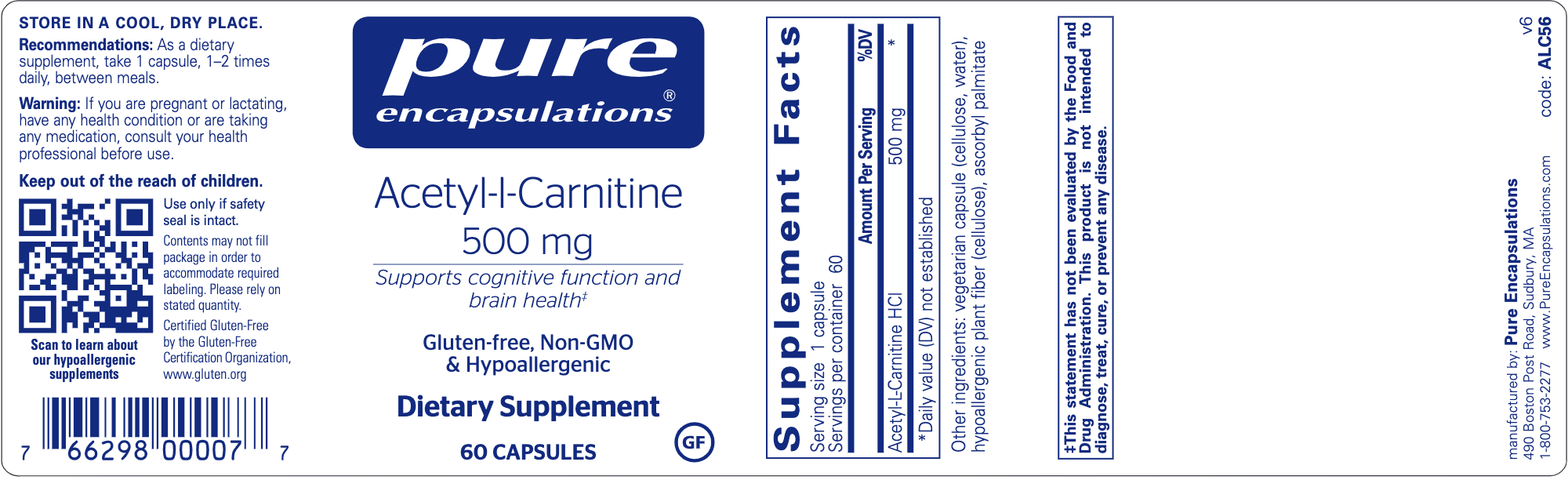 Acetyl-l-Carnitine (500 mg) (60 Capsules)-Vitamins & Supplements-Pure Encapsulations-Pine Street Clinic