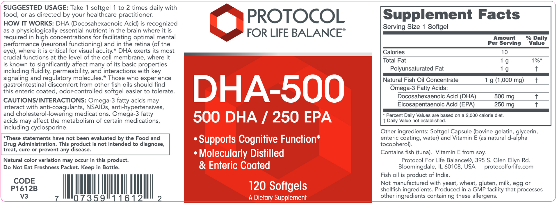 DHA-Vitamins & Supplements-Protocol For Life Balance-500 mg - 120 Softgels-Pine Street Clinic