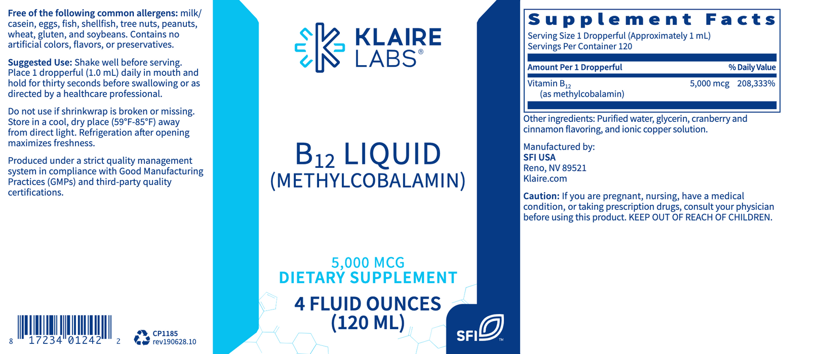 B12 Liquid (Methylcobalamin) (5mg) (120 ml)-Vitamins & Supplements-Klaire Labs - SFI Health-Pine Street Clinic