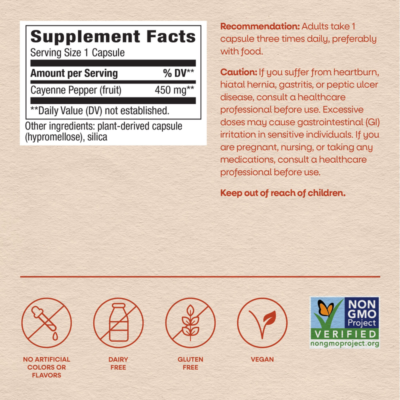 Cayenne Pepper 450mg (100 Capsules) — Supplement Facts