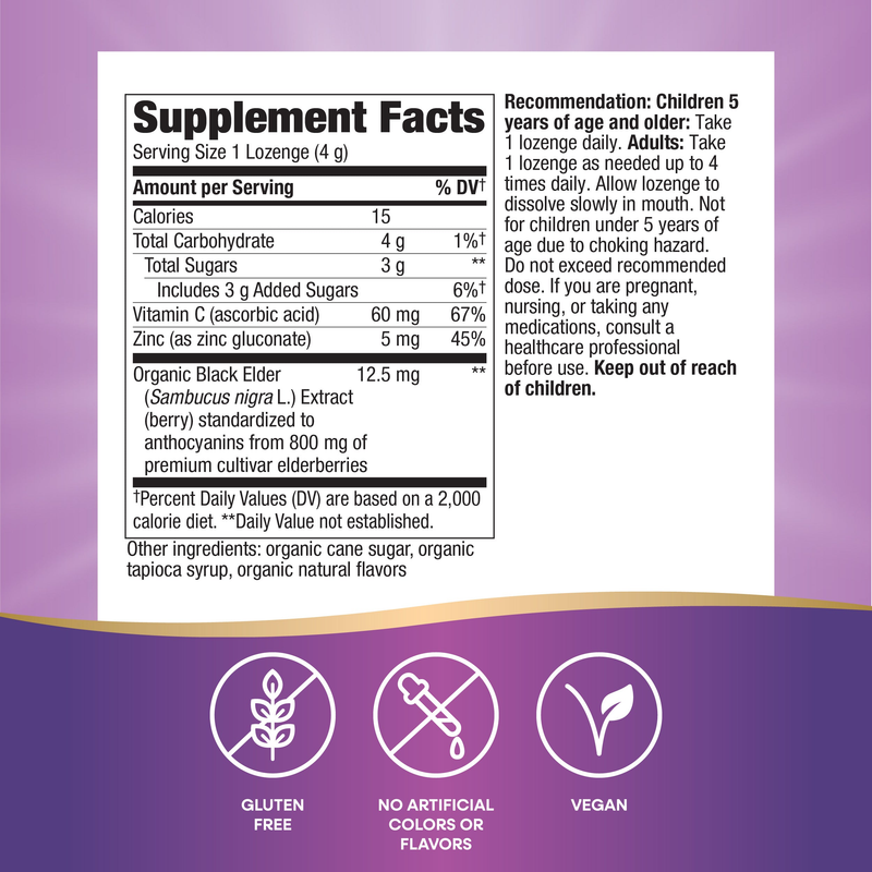 Sambucus Zinc Honey Lemon (24 Lozenges) — Supplement Facts