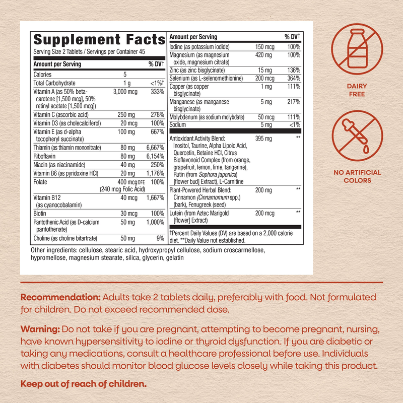 Completia® Diabetic Multi-Vitamin (iron-free) (90 Tablets) — Supplement Facts