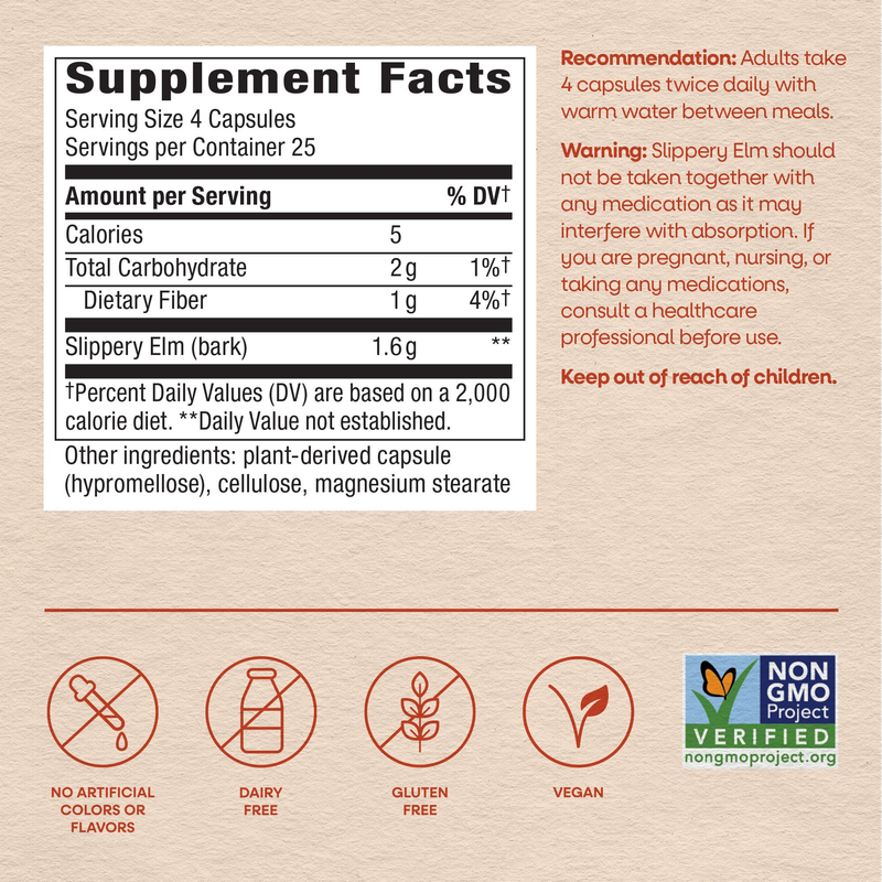 Slippery Elm Bark (100 Capsules) — Supplement Facts