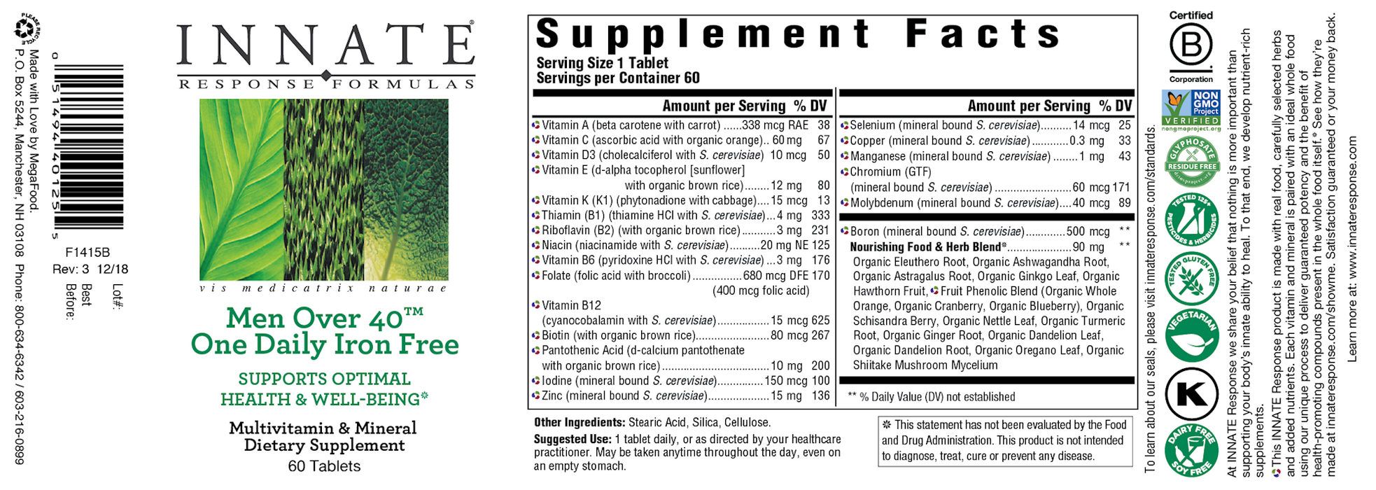 Men Over 40 One Daily Iron Free (60 Tablets)-Vitamins & Supplements-Innate Response-Pine Street Clinic