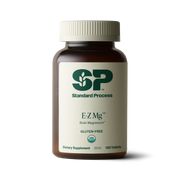 Image of E-Z Mg bottle next to tablets of magnesium supplements.