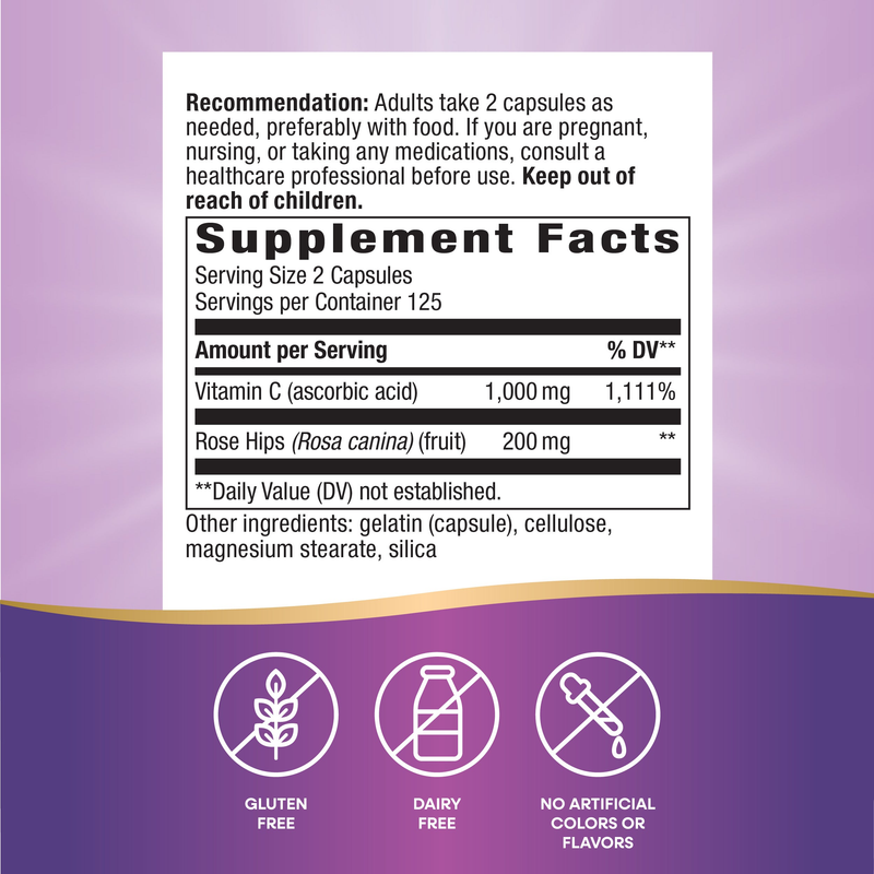 Vitamin C 500 with Rose Hips (250 Capsules) — Supplement Facts