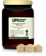 Glucose Assist Vanilla jug next to three scoops of powder