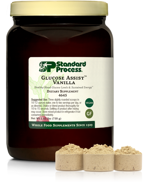 Glucose Assist Vanilla jug next to three scoops of powder