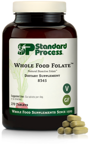 An image of a bottle of Whole Food Folate, next to 6 tablets. 