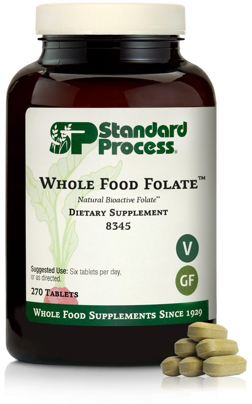 An image of a bottle of Whole Food Folate, next to 6 tablets. 