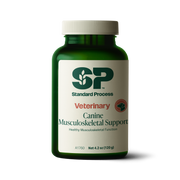 A bottle of Canine Musculoskeletal Support, a powder supplement for dogs’ muscles, ligaments and bone health, next to an image of the powder supplement.