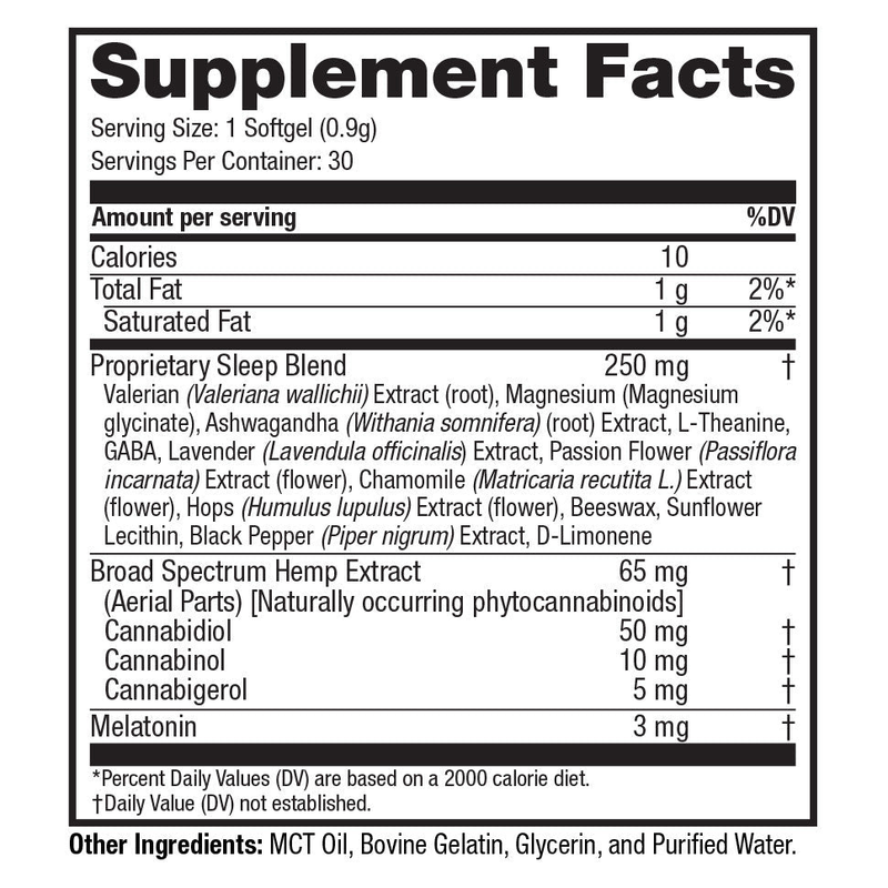 Broad Spectrum PM Softgel Capsules with Melatonin (30 ct) - Supplement Facts Label