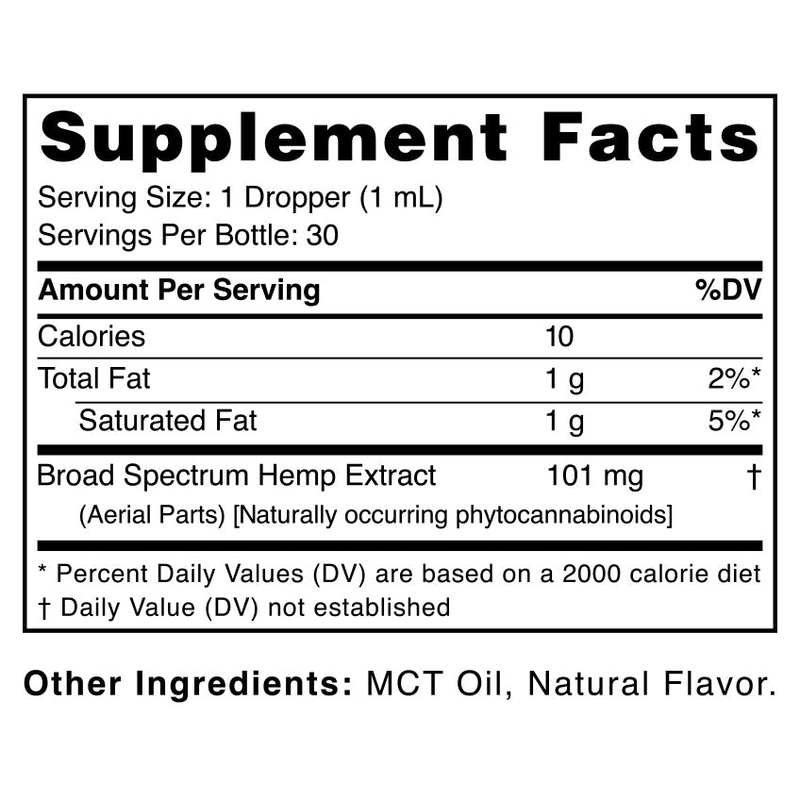 Broad Spectrum CBD Oil Tincture (30 mL) - Supplement Facts (Natural 3000 mg)