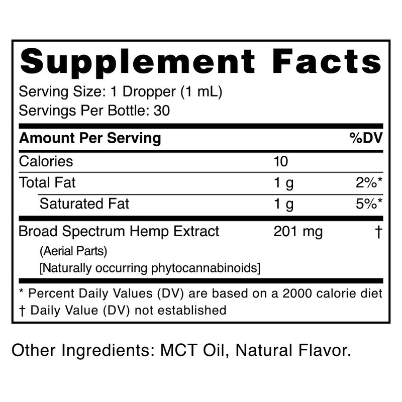 Broad Spectrum CBD Oil Tincture (30 mL) - Supplement Facts (Natural 6000 mg)