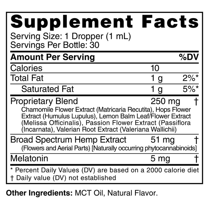 Broad Spectrum PM CBD Oil Tincture with Melatonin (Mint) (30 mL) - Supplement Facts Label