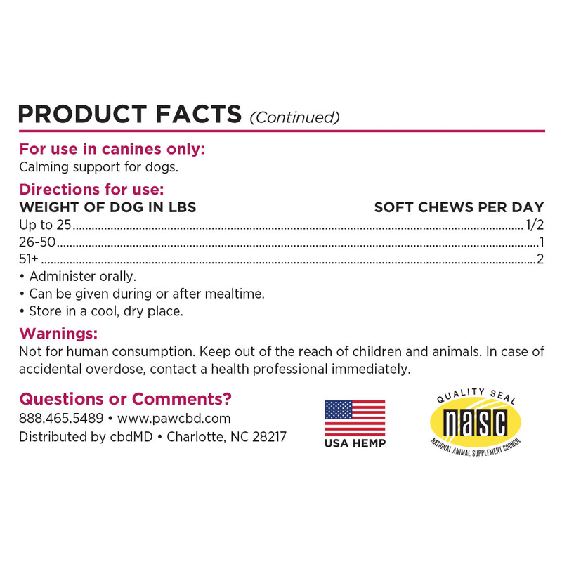 Canine Calming Soft Chews (Turkey) (30 ct) - Directions Label