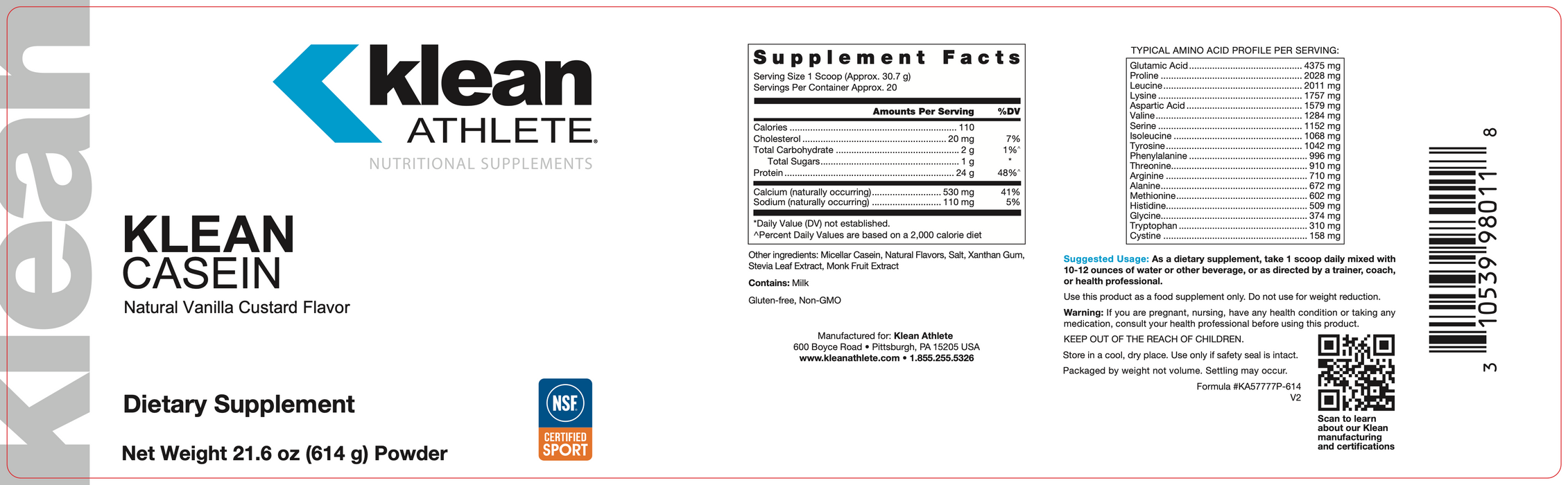 Klean Casein Protein (20 Servings)-Vitamins & Supplements-Klean Athlete-Natural Vanilla Custard-Pine Street Clinic