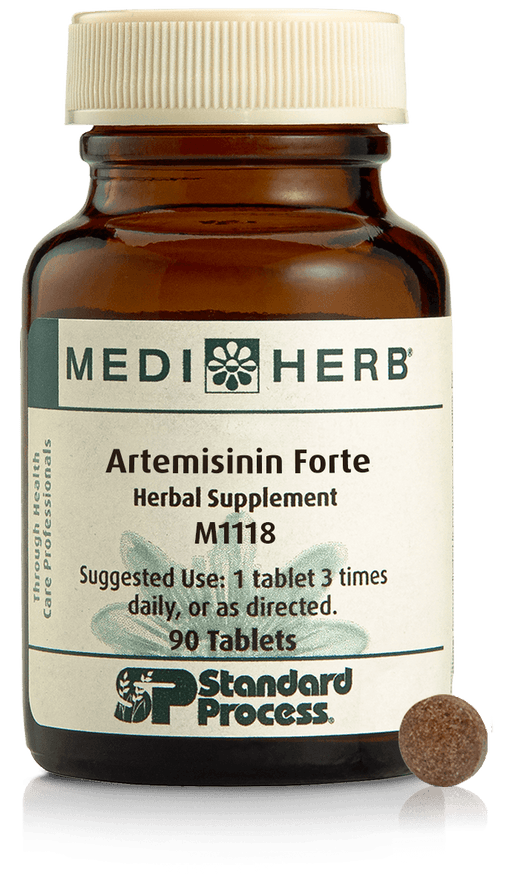 A bottle of Artemisinin Forte next to a tablet.