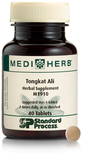 A bottle of MediHerb® Tongkat Ali, a testosterone support supplement for older men, next to a tablet of the supplement.