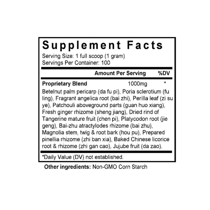 Huo Xiang Zheng Qi San (Pogostemon Formula) (100 Grams Granules) - Supplement Facts