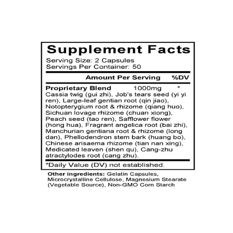 Shang Zhong Xia Tong Yong Tong Feng Wan (Bian Fang) (Cinnamon & Angelica Formula) (100 Capsules) - Supplement Facts