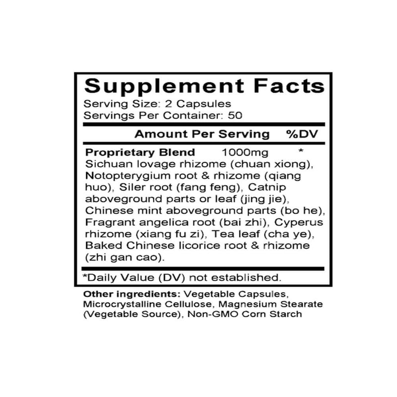 Chuan Xiong Cha Tiao San (Cnidium & Tea Formula) (100 Capsules) - Supplement Facts