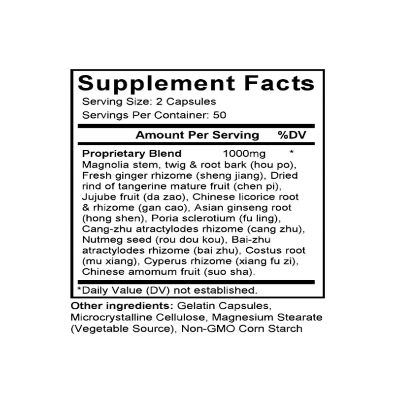 Xiang Sha Yang Wei Tang (Cyperus & Cluster Formula) (100 Capsules) - Supplement Facts