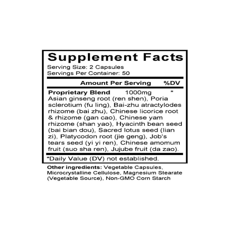 Shen Ling Bai Zhu San (Ginseng & Atractylodes Formula) (100 Capsules) - Supplement Facts