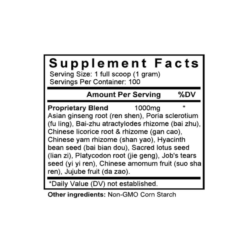 Shen Ling Bai Zhu San (Ginseng & Atractylodes Formula) (100 Grams Granules) - Supplement Facts