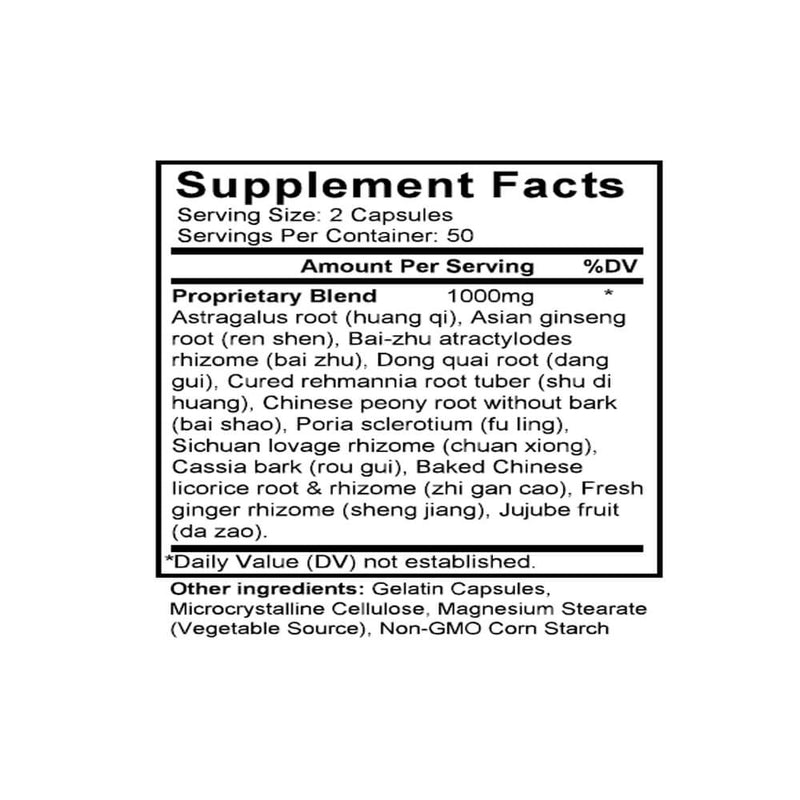 Shi Quan Da Bu Tang (Ginseng & Tang-kuei Ten Combination) (100 Capsules) - Supplement Facts