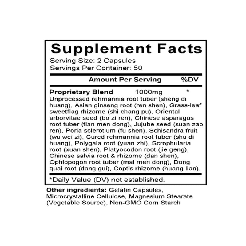 Tian Wang Bu Xin Dan (Ginseng & Zizyphus Formula) (100 Capsules) - Supplement Facts