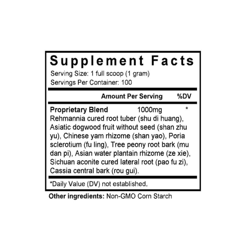 Ba Wei Di Huang Wan (Rehmannia Eight Formula) (100 Grams Granules) - Supplement Facts
