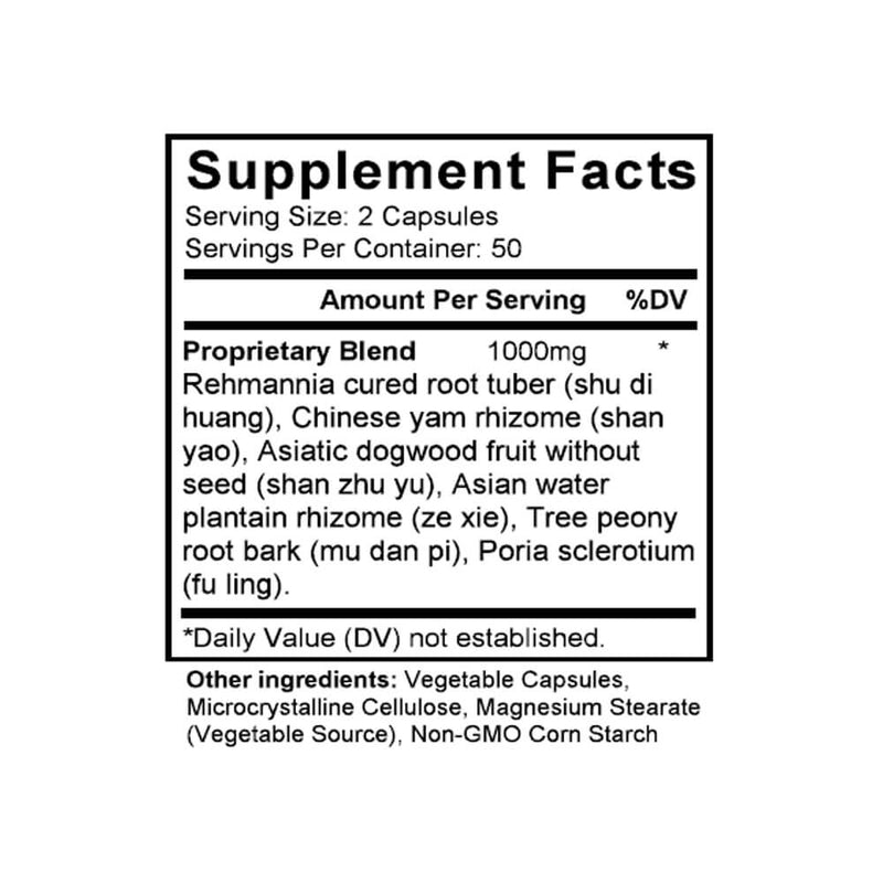Liu Wei Di Huang Wan (Rehmannia Six Formula) (100 Capsules) - Supplement Facts
