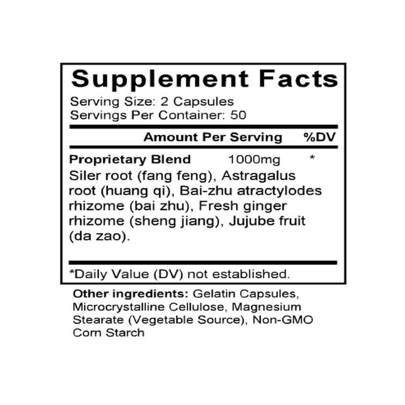 Yu Ping Feng San (Siler & Astragalus Formula) (100 Capsules) - Supplement Facts