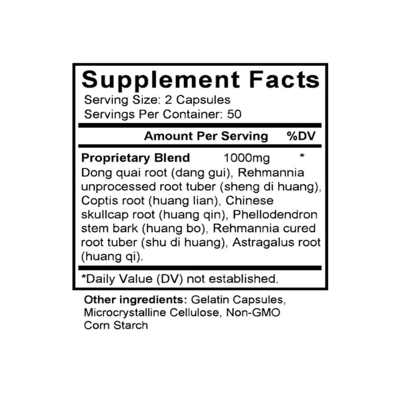 Dang Gui Liu Huang Tang (Tang-kuei & Six Herb Combination) (100 Capsules) - Supplement Facts