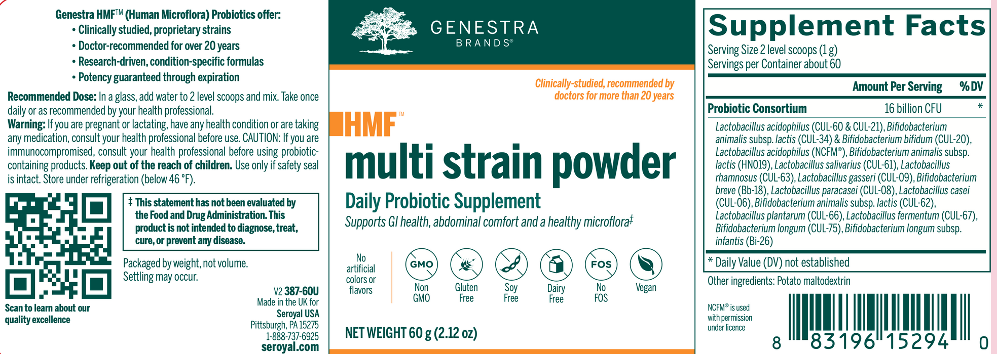 HMF Multi Strain Powder (60 grams)-Vitamins & Supplements-Genestra-Pine Street Clinic