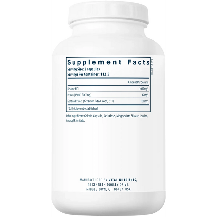 Betaine HCL With Pepsin & Gentian (225 Capsules)-Vitamins & Supplements-Vital Nutrients-Pine Street Clinic