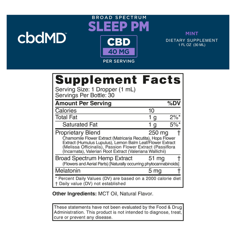 Broad Spectrum PM CBD Oil Tincture with Melatonin (Mint) (30 mL) - Supplement Facts