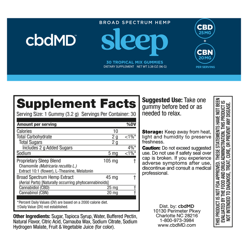Broad Spectrum Sleep Gummies with Melatonin (Tropical Mix) (30 ct) - Supplement Facts