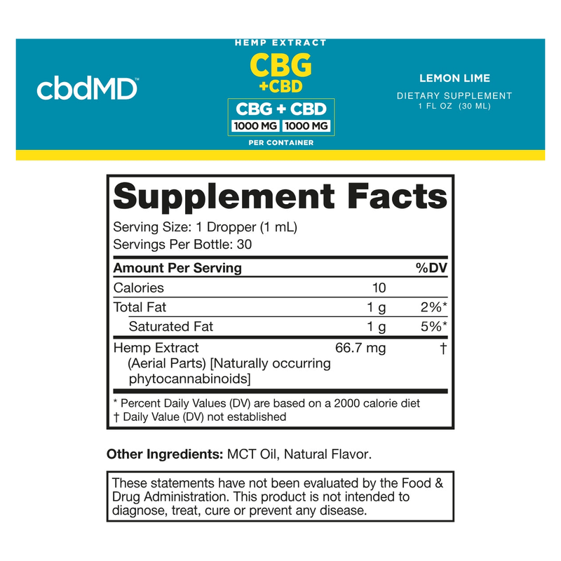 Broad Spectrum CBD + CBG Oil Tincture (Lemon Lime) (30 mL) - Supplement Facts