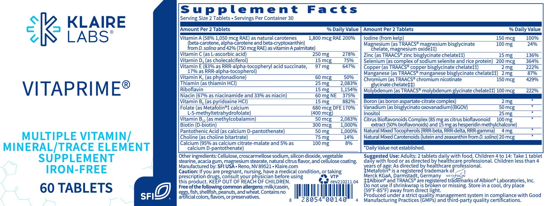 VitaPrime-Vitamins & Supplements-Klaire Labs - SFI Health-60 Capsules-Pine Street Clinic