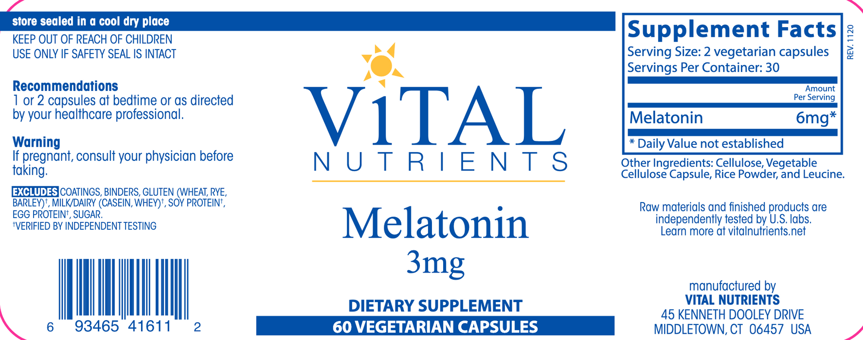 Melatonin (60 Capsules)-Vitamins & Supplements-Vital Nutrients-3 mg-Pine Street Clinic