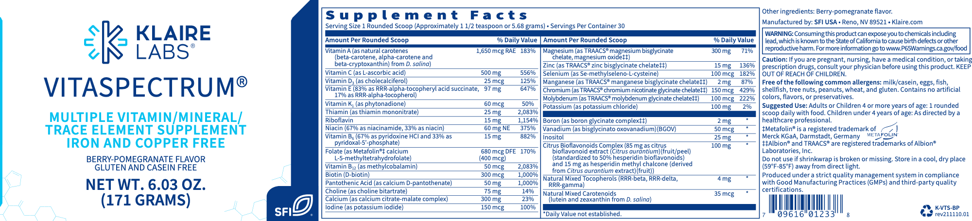 VitaSpectrum Powder (6.03 oz) (171 grams)-Vitamins & Supplements-Klaire Labs - SFI Health-Berry-Pomegranate-Pine Street Clinic