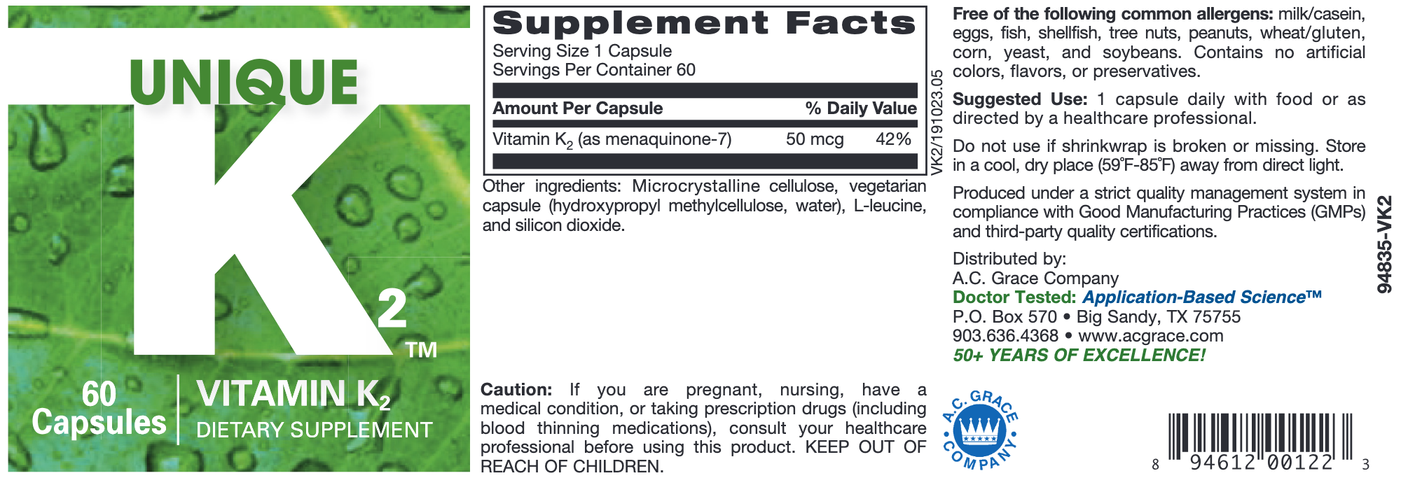 Unique Vitamin K2 (60 Capsules)-Vitamins & Supplements-AC Grace-Pine Street Clinic