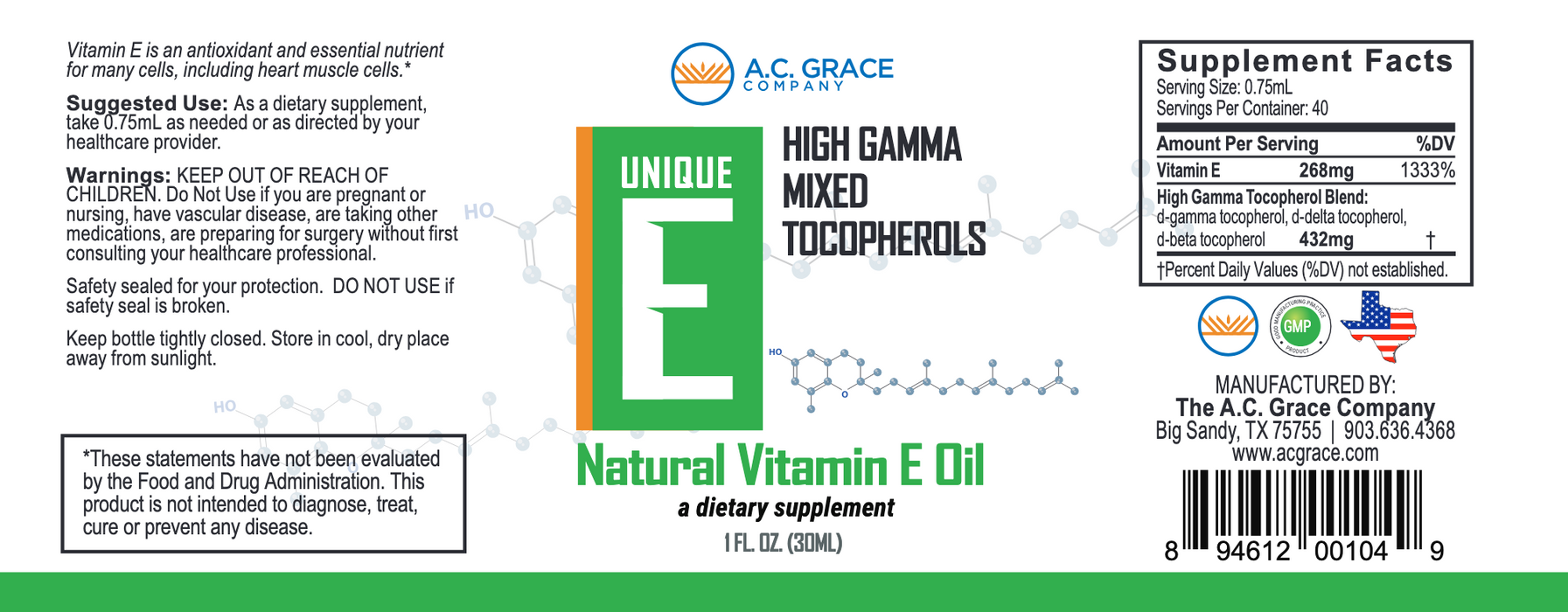 Unique E Tocopherol Oil (1 Fluid Ounce)-Vitamins & Supplements-AC Grace-Pine Street Clinic