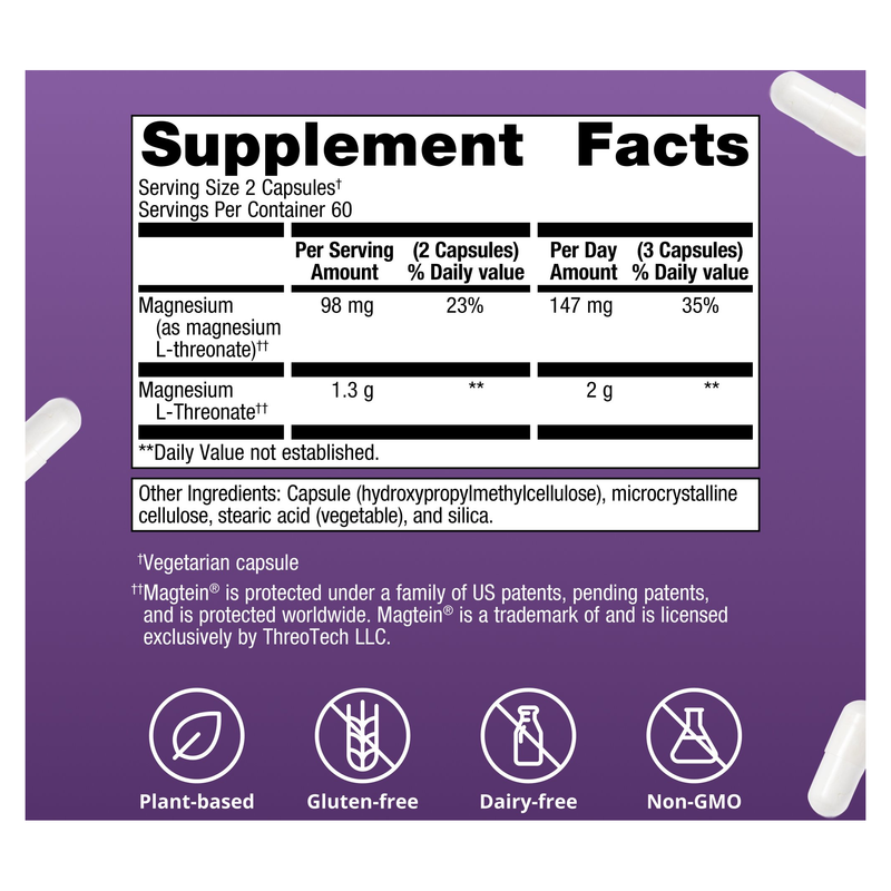 Magtein Magnesium L-Threonate (120 Capsules) — Supplement Facts