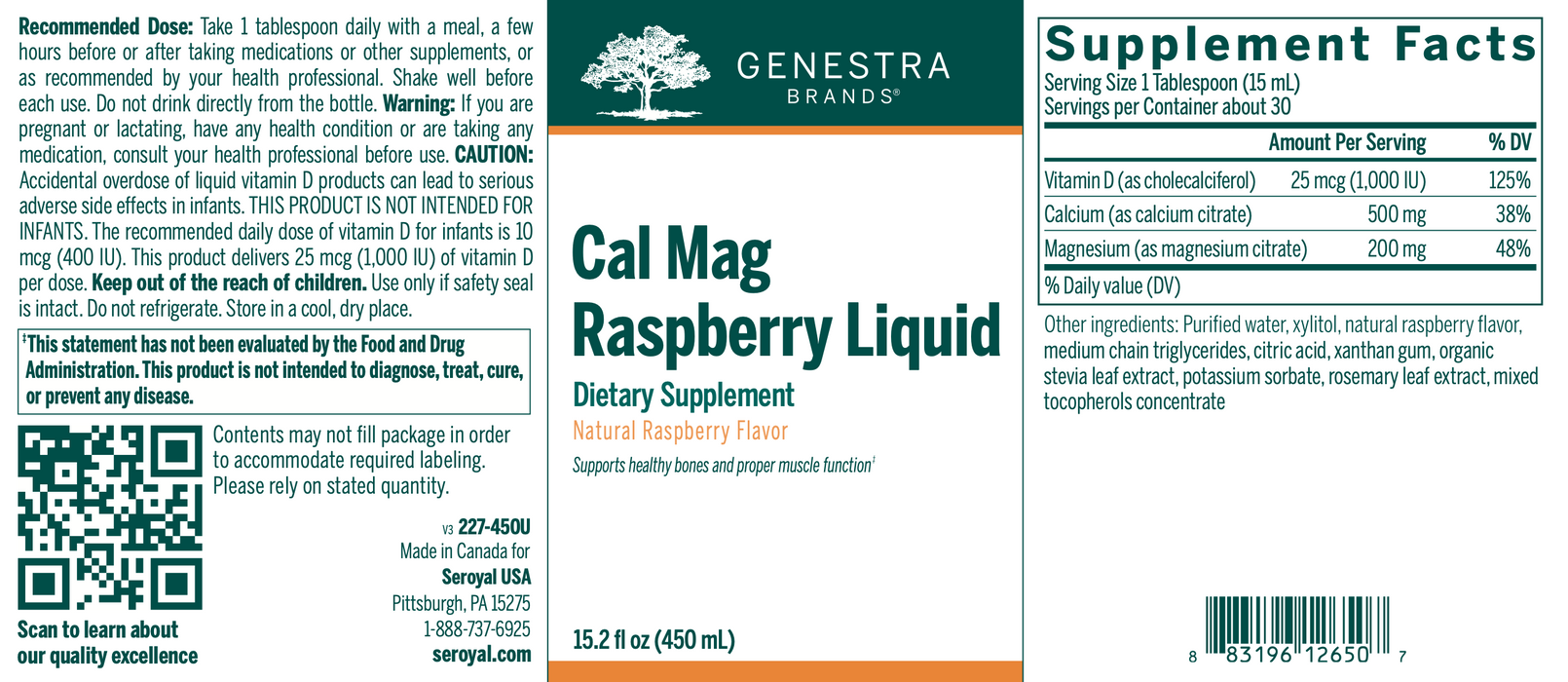 Cal Mag Raspberry Liquid (450 ml)-Vitamins & Supplements-Genestra-Pine Street Clinic